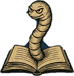 Bookworm emerging from an open book